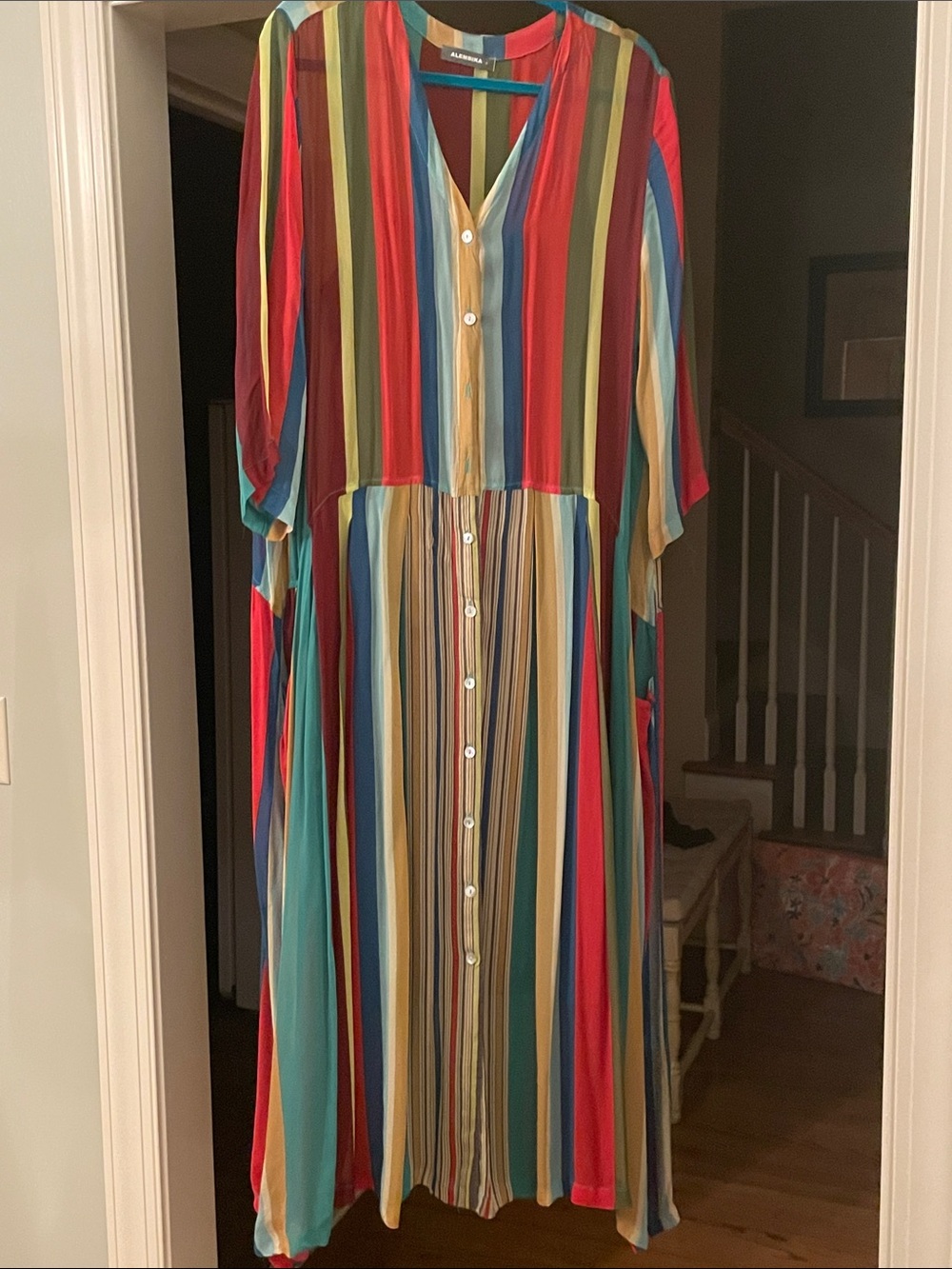 Alembika Multicolor Striped Button-Front Maxi Dress with dark wine slip.